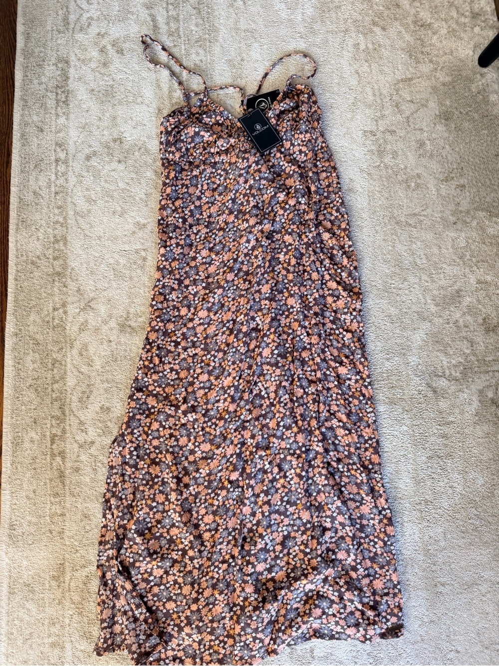 Volcom Peach and Black Floral Slip Maxi Dress